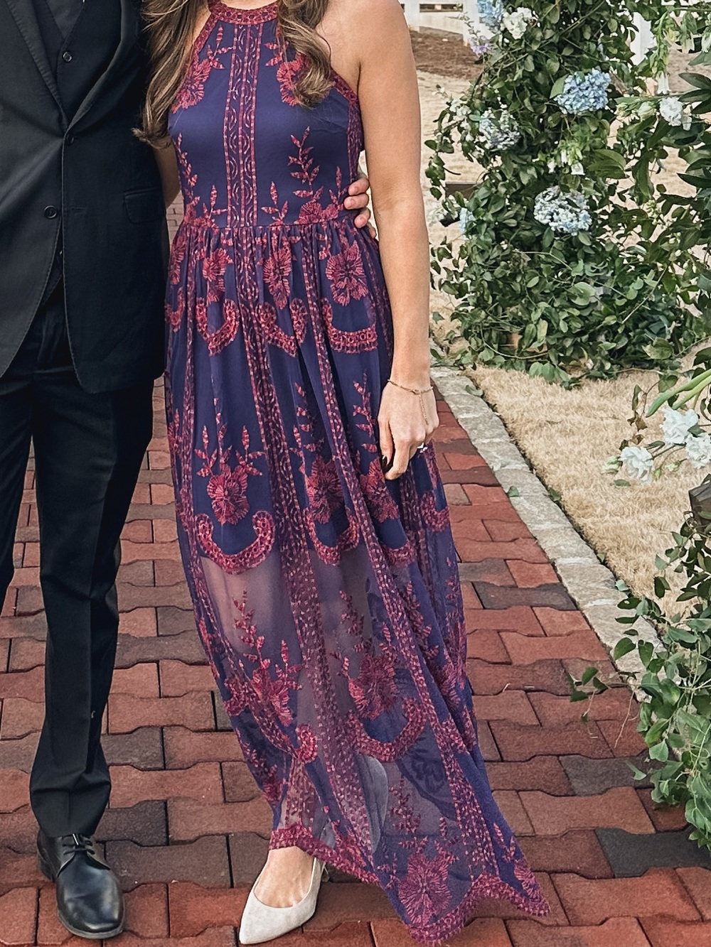 Altar'd State Navy Maxi Dress with Burgundy Floral Embroidery